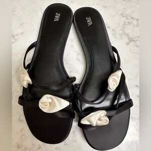 Zara Satin-Effect Flower Sandals Size EUR 39 USA 8 EUC